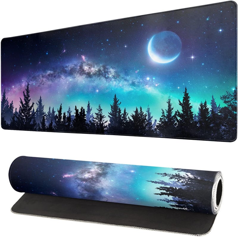 Brecoy Extended Gaming Mouse Pad, XL Large Keyboard Mouse Mat Desk Pad, Stitched Edges Mousepad, 3mm Thick Long Non-Slip Rubber Base Mice Pad, 31.5 X 11.8 Inch, Forest Moon Galaxy - Image 1